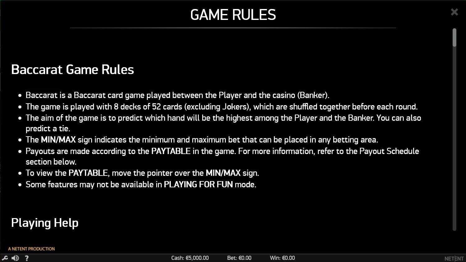 Baccarat Pro rules from the online demo game