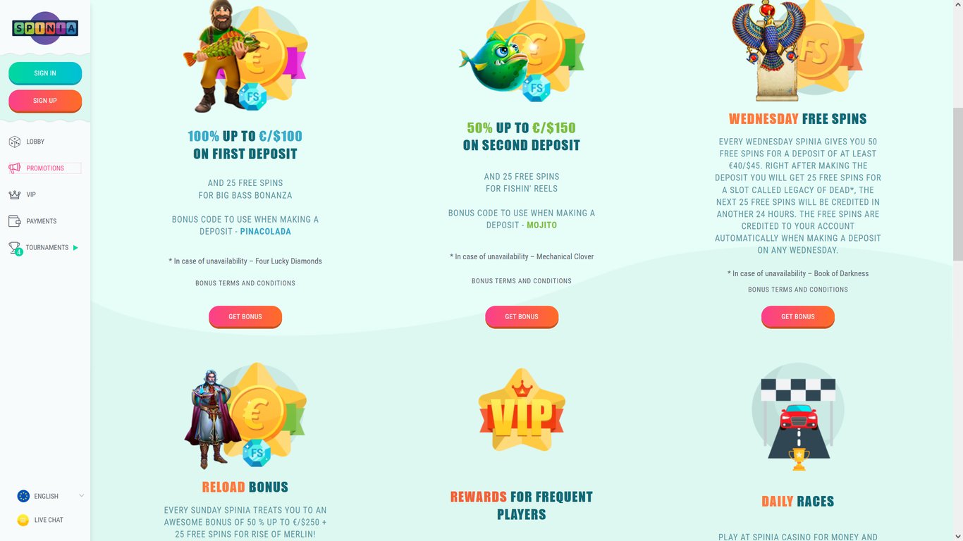 Spinia Casino Bonuses