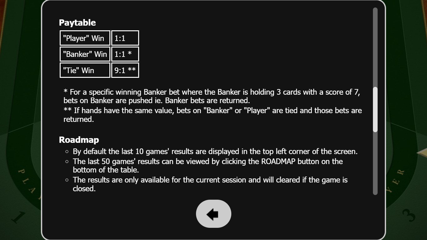Paytable of Baccarat Zero Commission from Habanero