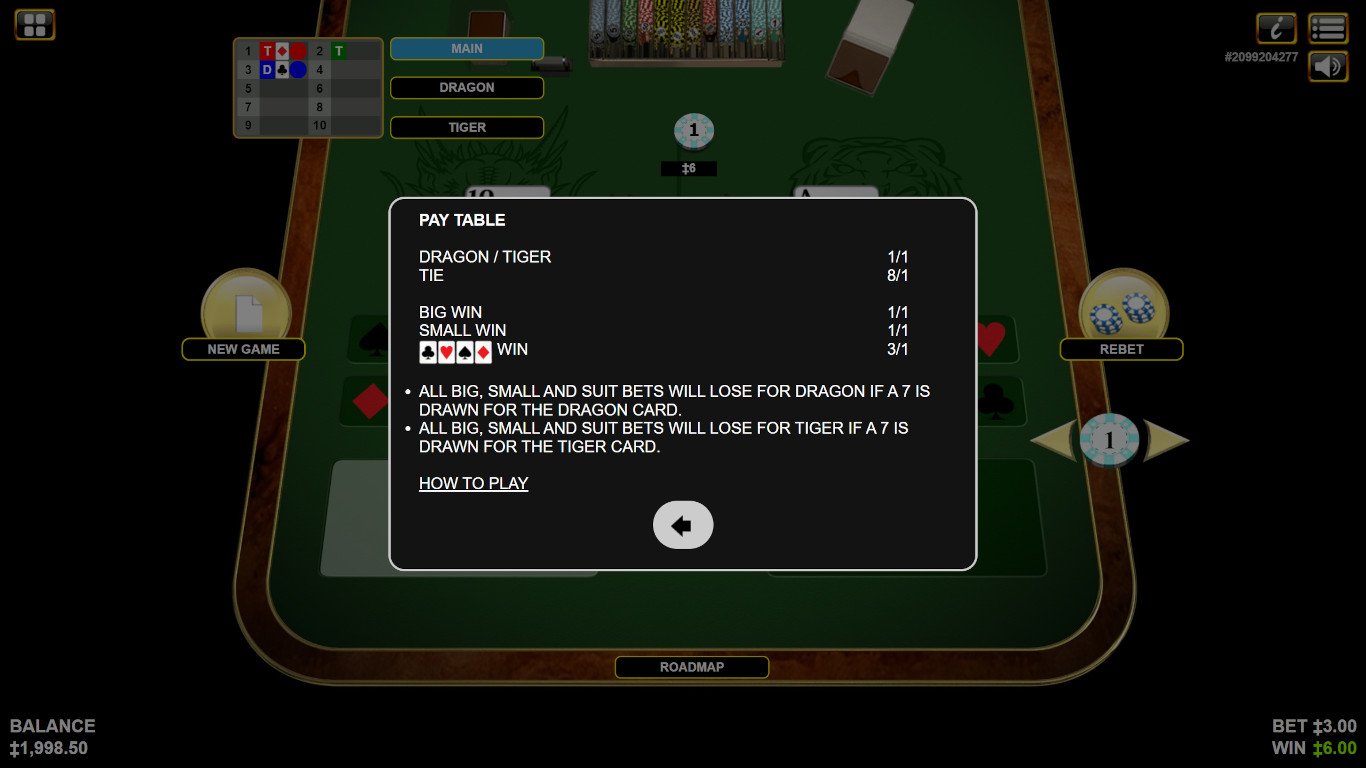 Paytable of Dragon Tiger Game from Habanero