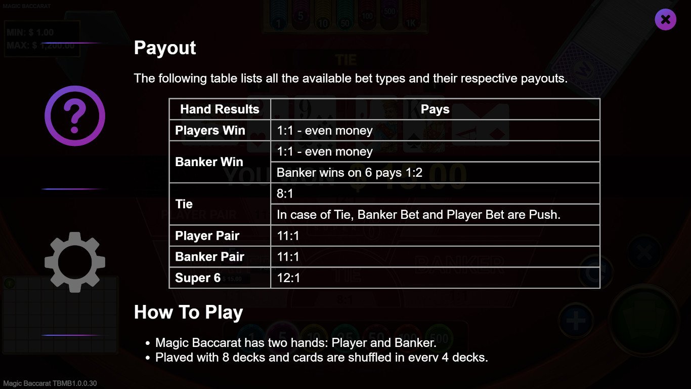 Magic Baccarat payout page