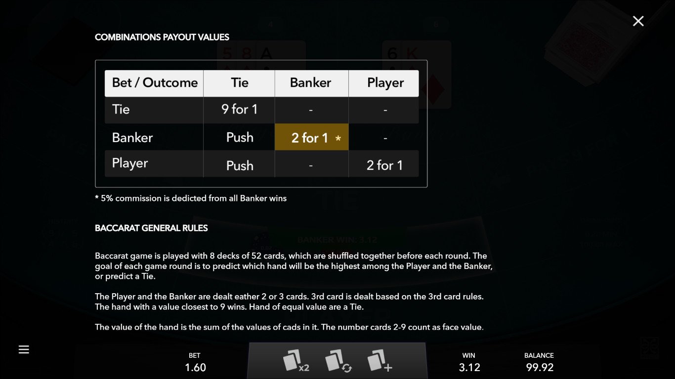 Payouts of Baccarat from Mascot Gaming