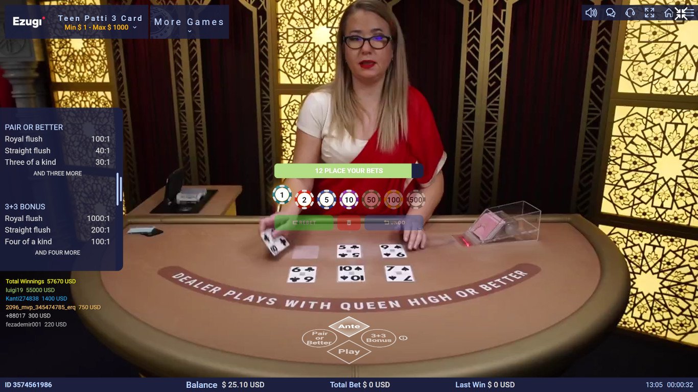 Live Dealer Teen Patti Game by Ezugi